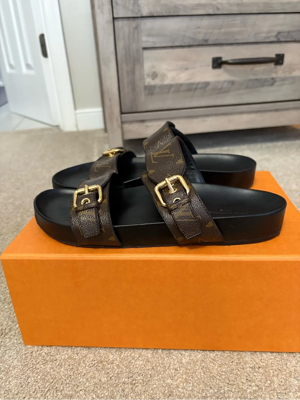 Louis Vuitton Brown Monogram Double-Buckle Slide Sandals - Picture 3 of 12